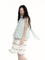 CONFUN dotted texture three-dimensional fabric folded collar ribbon sleeveless necked flower bud top
