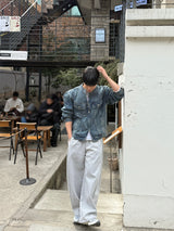 With denim biker jacket