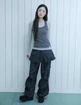RUFFLE CHECKERED SKIRT CARGO PANTS(BLACK)