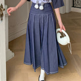 Camogli denim pleated long flare skirt