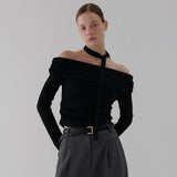 NECK RIBBON SHIRRING OFF-SHOULDER T SHIRT BLACK