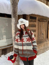 Red Snow Stripe Hooded Knit Zip-Up