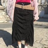 Palace Nylon Shirred Pleated Long Skirt with Lace Hem (2 Colors)