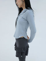 SLIM LONG BUTTON HOODIE TOP(BLUE)