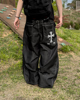 Bone Cross Stud Wide Denim Pants