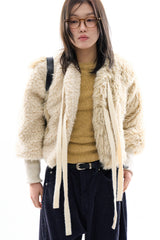 Ribbon tie up soft crop fur jacket