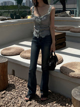 High waist light & deep blue washed bootcut long denim pants (2 colors)