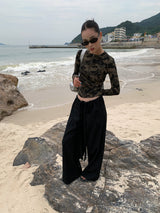 Camo plage back strap long-sleeve zip-up T-shirt