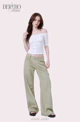 Sherbet off-shoulder button short sleeve T-shirt