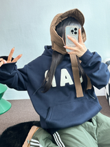 フリース🔥ハットプリンティングレタリングタトゥーパッチビッグフーディー 💙🩶🤎3COLOR