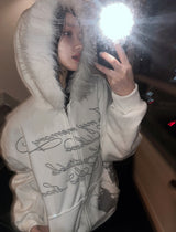 Angel Lettering Fur Trimmed Hood Zip-Up