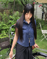 シウスリムフィットユニフォームデニムポケット半袖シャツ