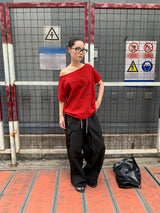レタリングワンショルダーオフショルダーオーバーフィット半袖Tシャツ