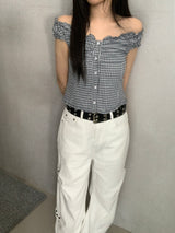 Aaron Check Off-Shoulder Ruffle Blouse  ​