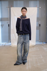 Off Shoulder String Sweatshirt (Navy)