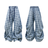 RELABEL (Gemeng) Flower Bud Balloon Check Print Draped Loose-Fit Crinkled Gradient Washed Denim Trousers