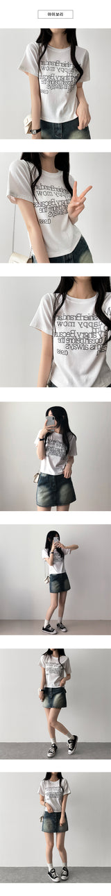 Art spandex lettering short-sleeved T-shirt