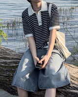 Windy Buckle Stripe Collar Short Sleeve Knit