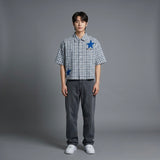 Light Blue Crop Short Sleeve Check Shirt