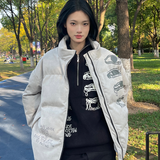 RELABEL Suede Print Thickened Warm Down Jacket With Stand Collar, Fashionable Brand Cotton Jacket, Pioneer Jacket For Men and Women