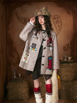 Kitsch look Embroidered Patch Quilted Duffle Coat