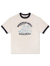 UNISEX Overfit Puppy Surfing Ringer Short Sleeve T-Shirt Cream Navy (FCE2TS401M)