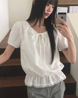 [MADE] Pure Frill Lace String Short-Sleeved Blouse