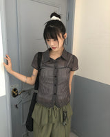 Noel seersucker v-neck checkered short sleeve shirt