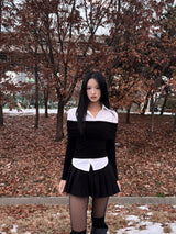 オフショルダー配色シャツスリムフィットリブ長袖ニットT (2 colors)