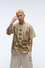 サウンドウェーブアートワークダメージウォッシングTシャツ (ベージュ)