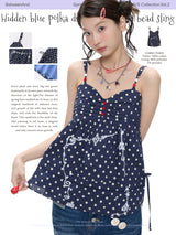 BETWEENAND「Lake Shore Letters」 Summer navy blue polka-dot heart-shaped beaded tank top that can be worn over other shirts