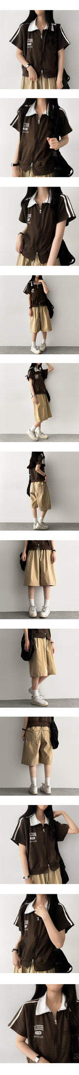 Med Two-Way Line Coloring Short Sleeve Collar Zip-Up