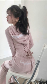 [♡MADE♡] パピーベロアヒップレタリングスリムブーツカットパンツ