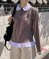 ラウンドカラーストライプフリルTシャツ