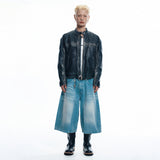 Washed Line Leather Jacket - BLACK