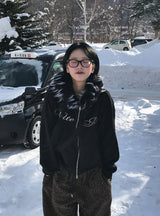 Bite lettering raccoon fur hood zip-up