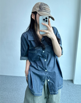 オーバーフィットステッチポイントデニムショートスリーブシャツ🖤💙 - 2 カラーズ