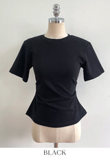 Linda Round-Neck Shirred Slit Short Sleeve T-Shirt