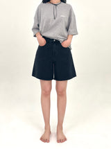  3RD REORDER HIP POCKET EMBROIDERY BLACK DENIM SHORTS LONG VERSION code 25106