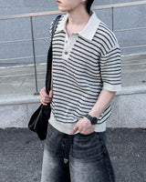 Windy Buckle Stripe Collar Short Sleeve Knit