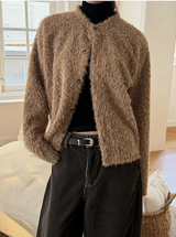 Hairy crop round knit cardigan(3color)