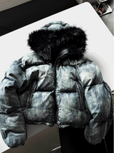 Carrot washed denim embroidered padded coat + black fur