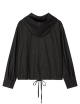 ストライプ ラッフル フーデッド シャツ(CHARCOAL)