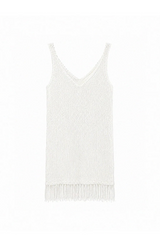 FRINGE-HEM KNIT V-NECK DRESS IN WHITE