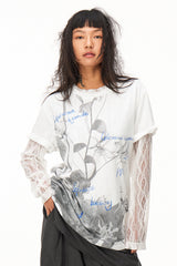 ブラックアンドホワイト花柄プリント半袖Tシャツ