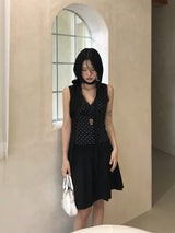 French Dot V-Neck Sleeveless Blouse