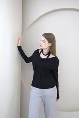 Drape Shirring Muffler T-shirt Black