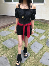 Lovely Note Two-Way Square Neck Off Shoulder Ribbon BLouse