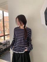 クニンフリルストライプリボン長袖Tシャツ