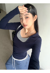 スクエアネイビーレイヤード長袖Tシャツ